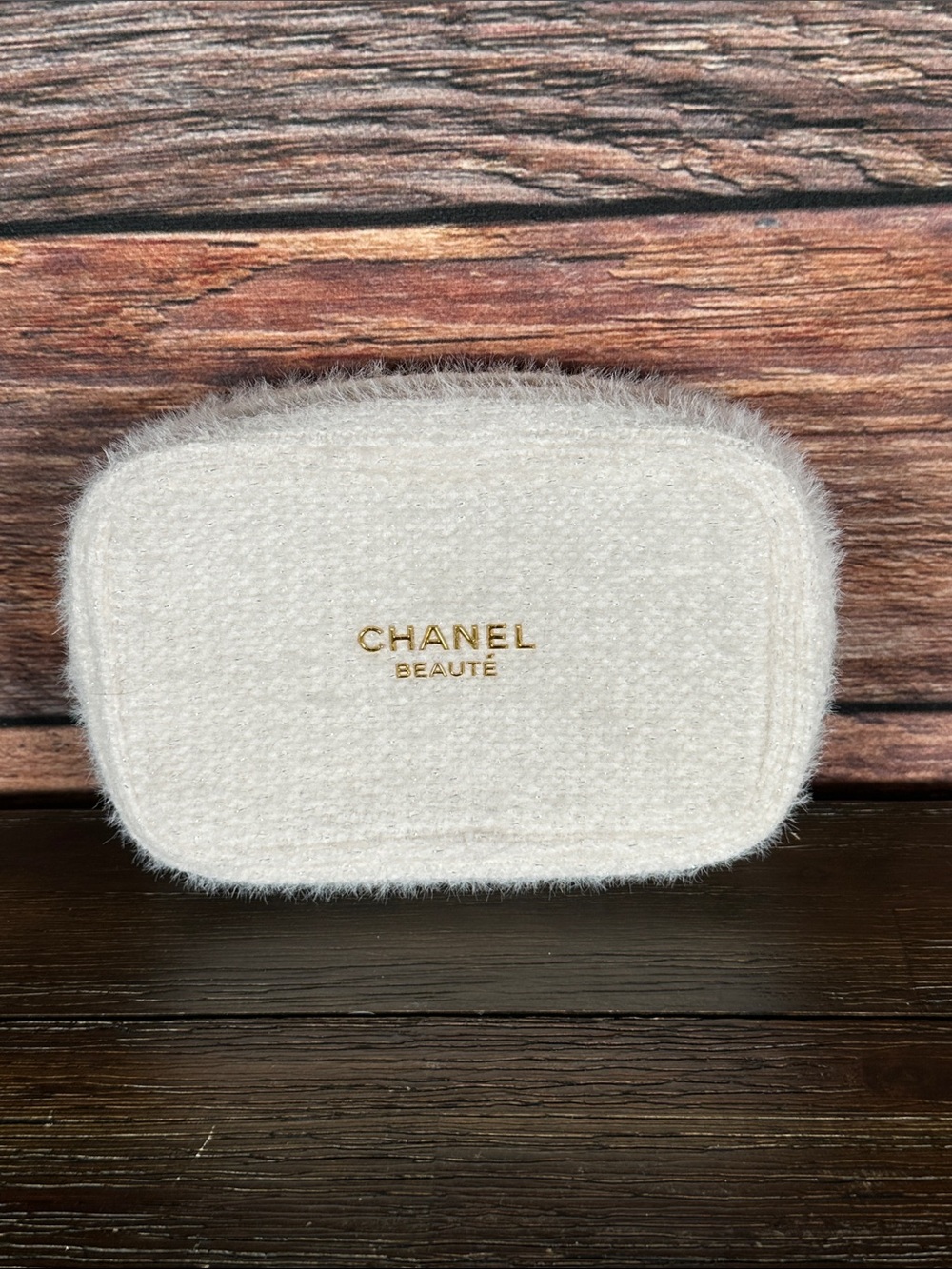 CHANEL Beauté Cream Fuzzy Sparkle Cosmetic Pouch with Gold Logo